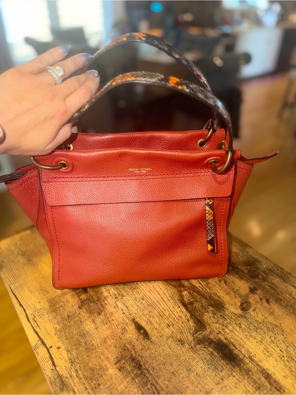 Henri Bendel Orange-Red Pebbled Leather Shoulder Bag with Snakeskin Accent